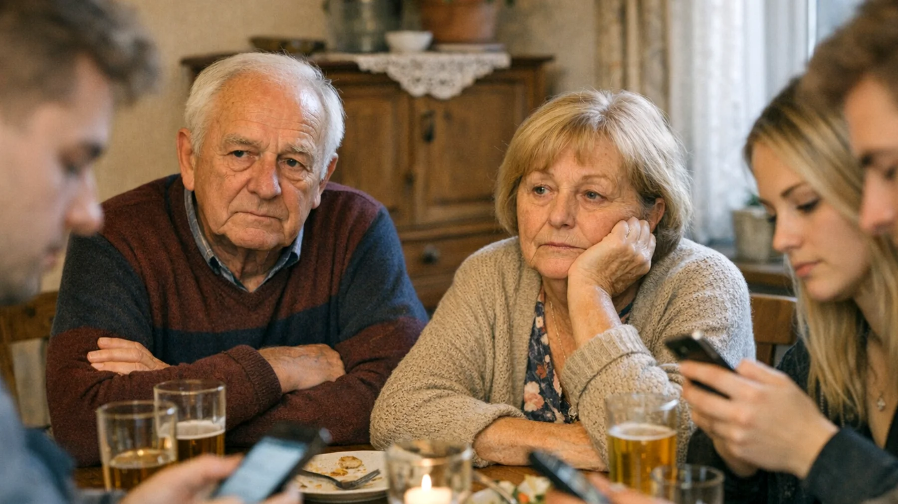 Die Großeltern beobachten mit wachsender Sorge, dass ihre erwachsenen Enkelkinder nahezu ununterbrochen mit ihren Smartphones beschäftigt sind und kaum noch echten Kontakt zur Familie suchen. Beim gemeinsamen Mittagessen sitzen alle am Tisch, aber jeder starrt auf seinen Bildschirm. Die Großeltern fühlen sich unsichtbar und ausgegrenzt, verstehen die digitale Welt ihrer Enkelkinder nicht und wissen nicht, wie sie das Gespräch suchen sollen, ohne als altmodisch oder störend zu wirken."