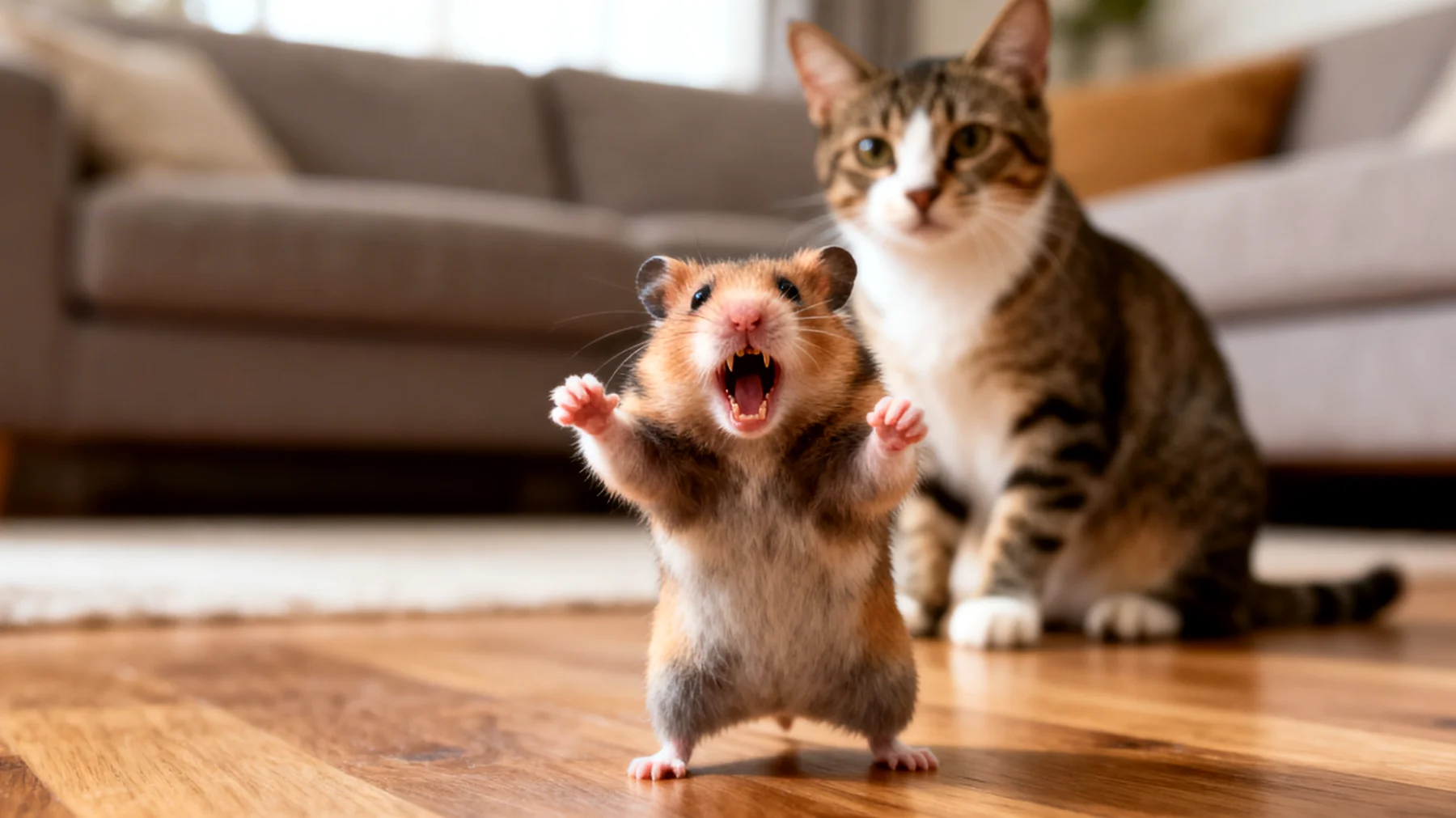 Hamster zeigt aggressives Verhalten gegenüber anderen Tieren im Haushalt, was zu Stress und potenziellen Verletzungen führen kann"