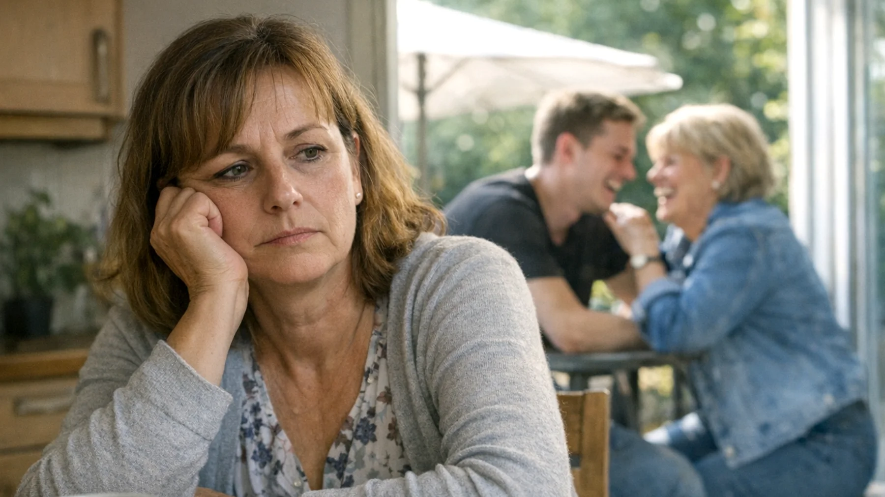 Die Mutter fühlt sich zunehmend überfordert und verletzt, weil ihre erwachsene Tochter/ihr erwachsener Sohn eine deutlich engere und wärmere Beziehung zum anderen Elternteil oder zu anderen Familienmitgliedern aufgebaut hat. Sie hat das Gefühl, im Vergleich weniger gemocht, weniger geschätzt und emotional ausgeschlossen zu werden. Diese wahrgenommene Bevorzugung löst in ihr tiefe Gefühle von Eifersucht, Unzulänglichkeit und familiärer Rivalität aus, die sie nicht offen ansprechen kann, aus Angst, das Verhältnis weiter zu belasten."