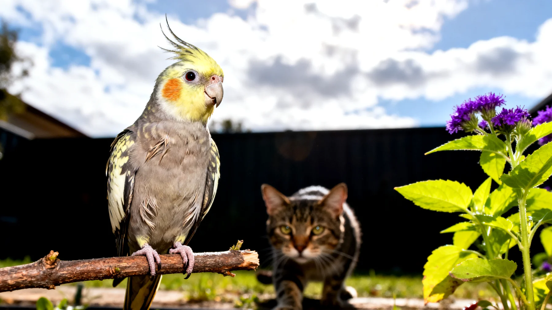 Nymphensittiche benötigen sichere und artgerechte Beschäftigungsmöglichkeiten im Garten, wobei Gefahren durch Raubtiere, giftige Pflanzen und unkontrolliertes Wegfliegen verhindert werden müssen"