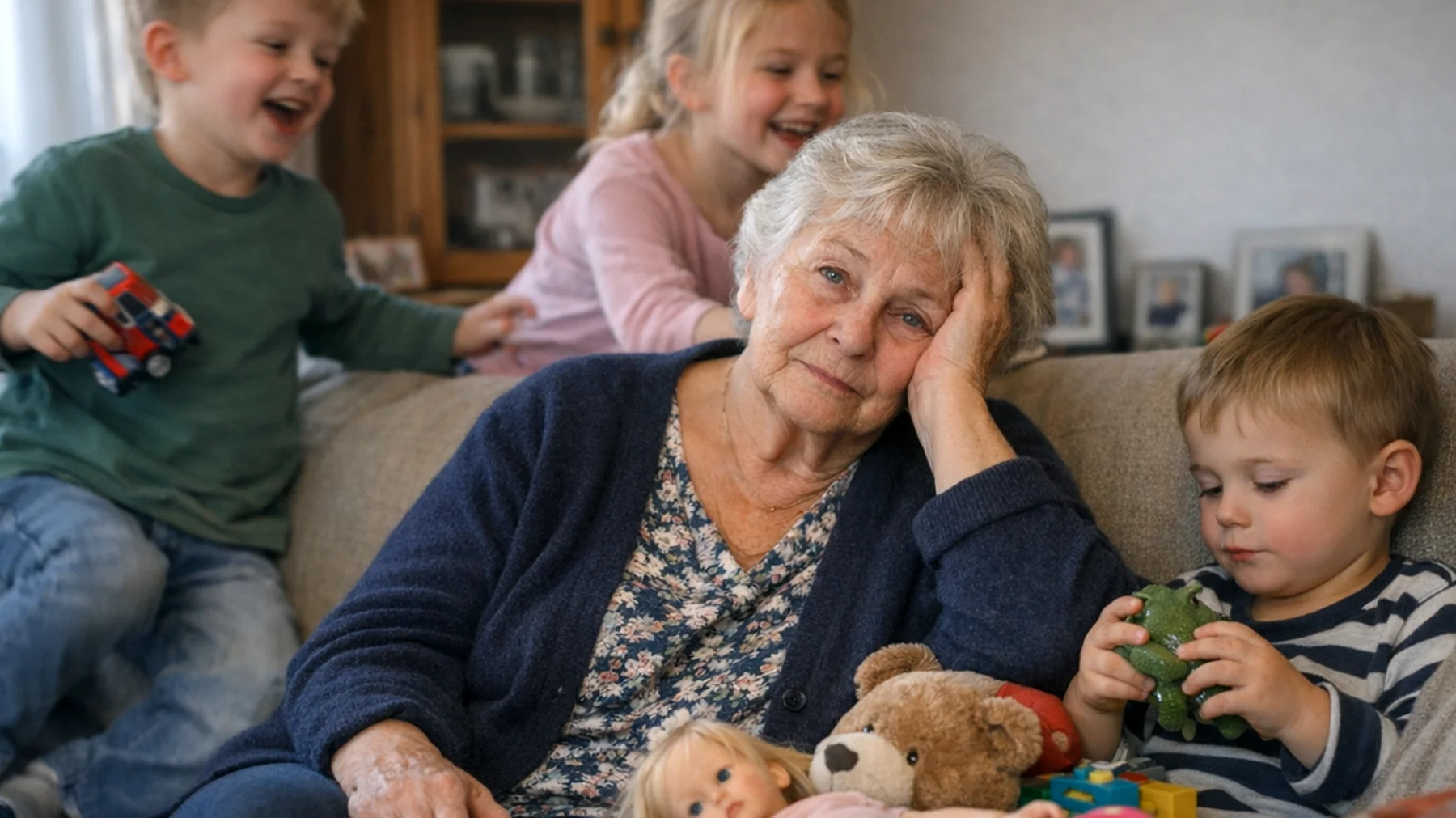 Die Oma fühlt sich körperlich erschöpft und zeitlich überfordert, da sie regelmäßig die Betreuung der Enkelkinder übernimmt. Sie liebt ihre Enkel sehr, leidet jedoch darunter, dass ihre eigenen Bedürfnisse nach Ruhe und persönlicher Zeit kaum noch Raum finden. Dies führt zu einem inneren Konflikt zwischen Pflichtgefühl, Liebe und dem Wunsch nach Erholung."